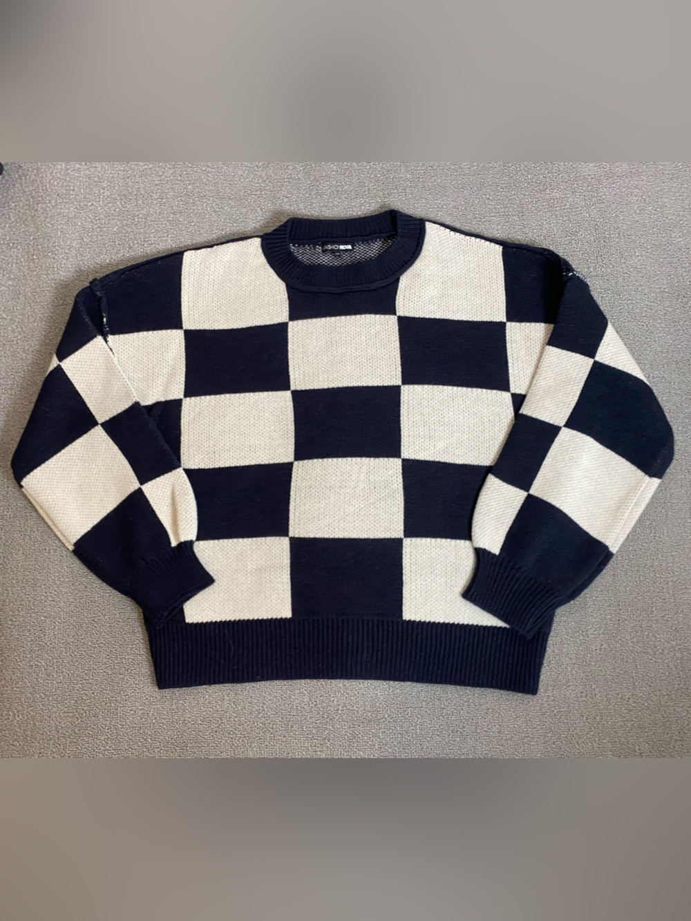 Fashion Nova Checkered Crewneck Oversized Sweater- Cozy Color Block Retro Fall